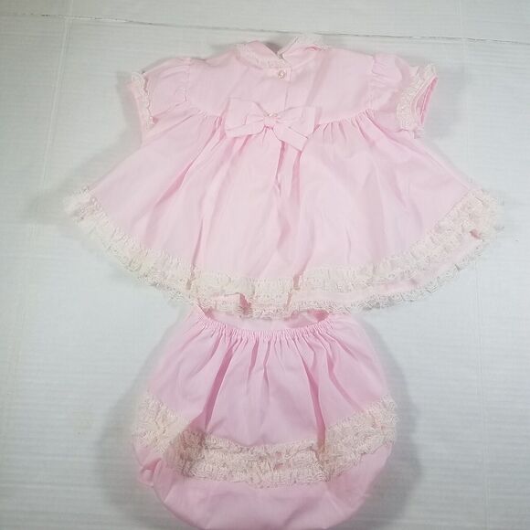 Vintage Mini World Baby Dress Flowers Pink 6-9 Mos Lace Matching Bloomers - Picture 2 of 3